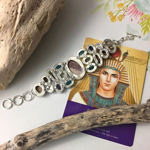 Agate, Blue Topaz, Pearl Mix Gemstone Sterling Silver Toggle Bracelet - Picture 3 of 7